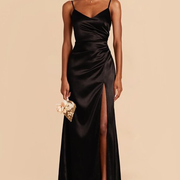 Birdy Grey Dresses & Skirts - BIRDY GREY Women's Black Satin CATHERINE V-Neck Ruched Sleeveless Dress L